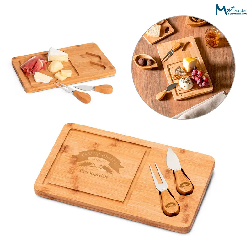 Tábua e Utensílios de Queijo em Bambu Personalizados - MB432