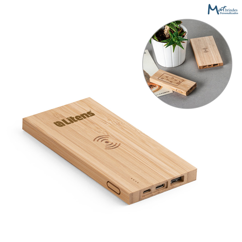 Bateria Portátil em Bambu com Carregador por Indução - MB838