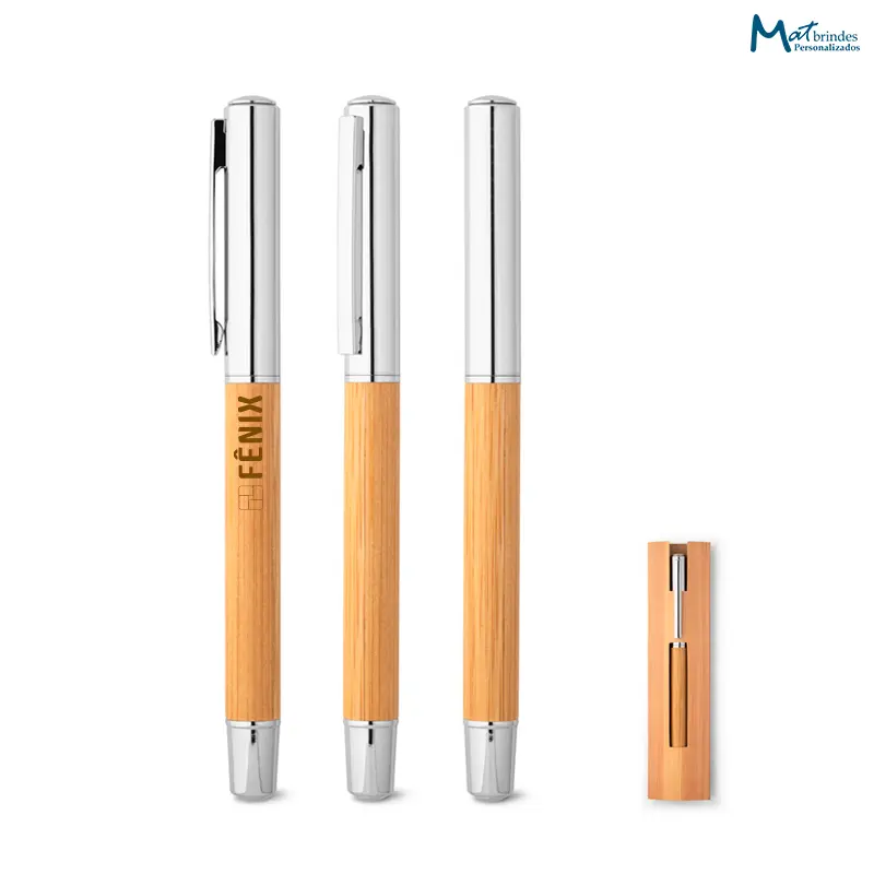 Caneta Roller em Aço Inox e Bambu Personalizada - MB835