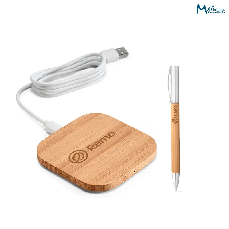Kit com Carregador Wireless e Caneta em Bambu Personalizado - MB849