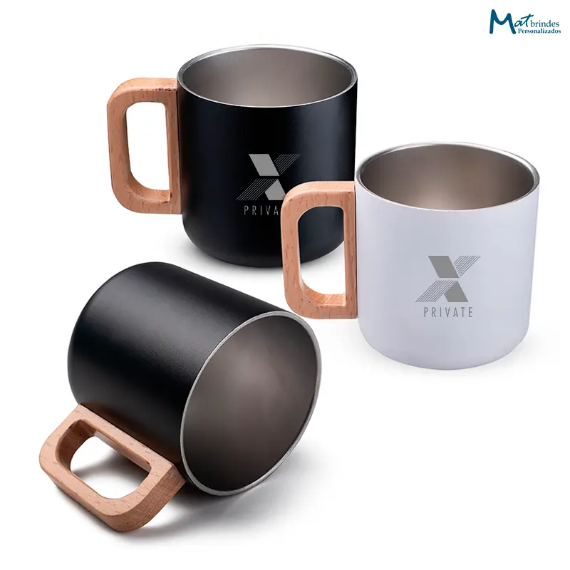 Caneca Térmica com Alça em Madeira Personalizada - MB944